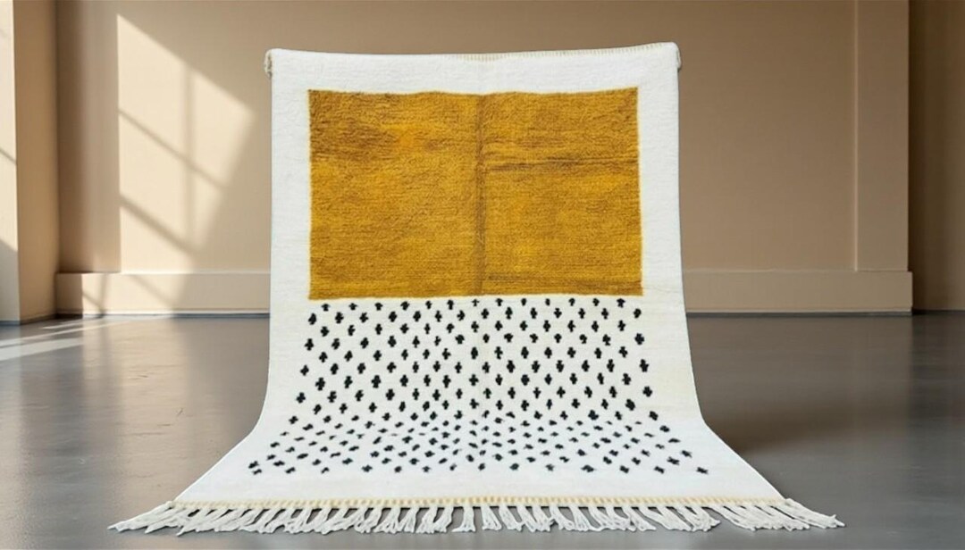 Handmade Moroccan Beni Ourain Rug - Saffron Orange and Ivory Checkered ...