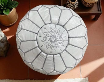 Handmade Leather Pouf Ottoman Cover, gray dove Moroccan Natural POUF Ottoman with White Stitching, Home gifts, Wedding Gifts