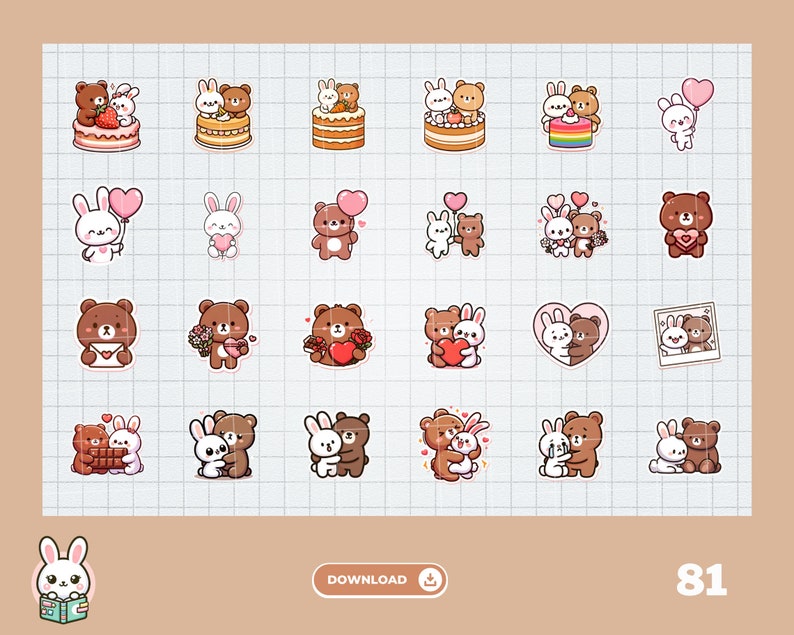 Cute Bunny and Bear Love Stickers | Digital Stickers | Cute Kawaii ...