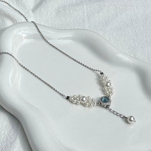 Aquamarin handgemachte Süßwasserperle Sterling Silber Halskette