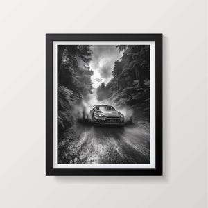 Schwarz-Weiß-Ralley-Auto-Druck | Massenproduktion von 8 Aufklebern Off-Road Motorsport Poster | Auto Fotografie | Adventure Racing Dekor