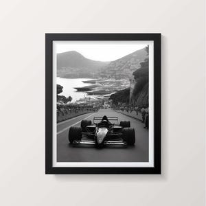 Impresión en blanco y negro de Fórmula 1 de Mónaco / Arte mural de carreras de F1 / Fotografía de coches clásicos / Póster de deportes de motor / Decoración de puerto deportivo