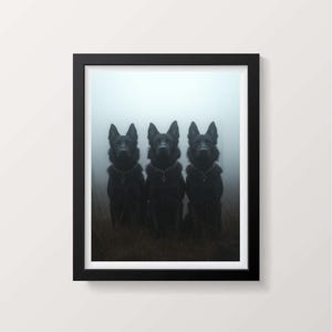 Three Black German Shepherds Wall Art Print | Dark Moody Dog Photography | Gothic Dog Decor | Foggy Forest Pet Portrait Print