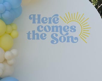 Vinilo decorativo "Aquí viene el hijo", Rayos de sol, Decoración para baby shower, Baby Shower de niño, Vinilo retro para bebé, Letrero para fiesta de bebé con temática solar