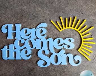 Letrero de madera "Aquí viene el hijo", rayos de sol, decoración para baby shower, baby shower de niño, letrero de madera retro para bebé, baby shower con temática solar