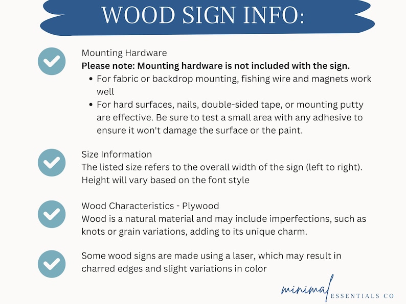 Minimal Essentials Co info sheet on wood mounting, size reference and wood characteristics of plywood