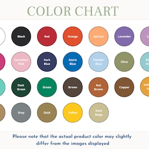 May include: A color chart featuring twenty-six circular swatches labeled with names including white, black, red, orange, apricot, lavender, lilac, pink, carnation pink, dark blue, azure blue, powder blue, olive, beach house, mint, dark green, green, brown, nut brown, copper, imitation gold, light brown, grey, gold, yellow, and dark beige. Text at the bottom states: Please note that the actual product color may slightly differ from the images displayed.
