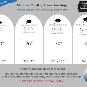 May include: Four arch-shaped graduation decals in black text on a white background. Each features a graduation cap icon, the word CONGRATULATIONS, the name Yvette, and CLASS OF 2025. Sizes listed are 20 inches, 26 inches, 30 inches, and 36 inches wide.