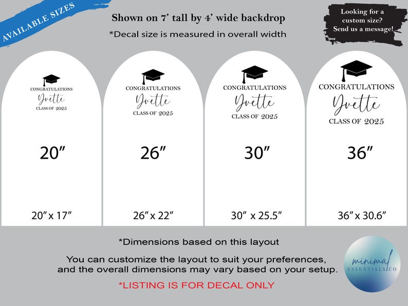 May include: Four arch-shaped graduation decals in black text on a white background. Each features a graduation cap icon, the word CONGRATULATIONS, the name Yvette, and CLASS OF 2025. Sizes listed are 20 inches, 26 inches, 30 inches, and 36 inches wide.