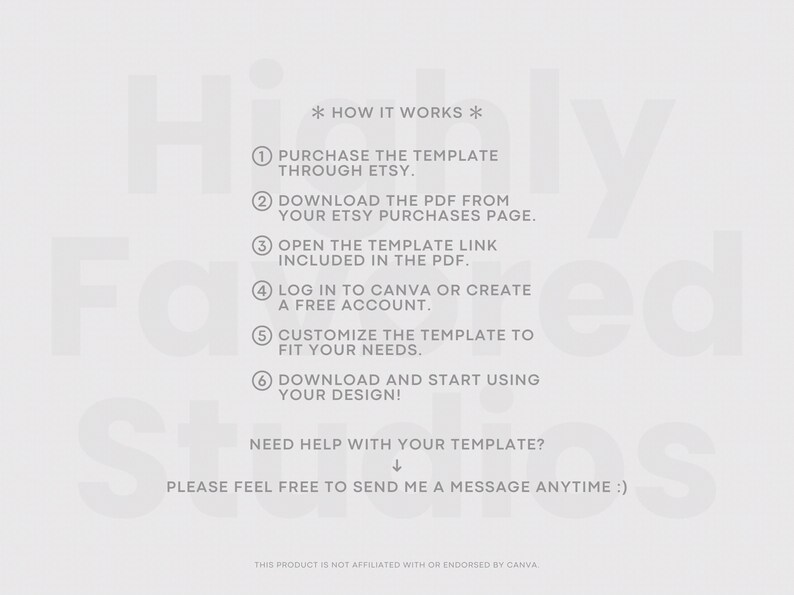May include: A light gray graphic with instructions on how to use a template purchased through Etsy. The steps include downloading a PDF, opening a link, logging into Canva, customizing the template, and downloading the design. The text also offers help.