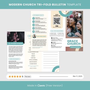 Plantilla de boletín tríptico para iglesia moderna (descarga digital)