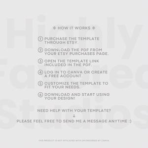 May include: A light grey instructional graphic titled HOW IT WORKS with six numbered steps for using a digital template. The text outlines purchasing, downloading a PDF, accessing a link, using Canva, customising, and downloading the final design.