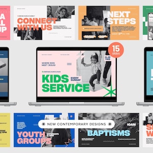 May include: A collection of digital slides on laptops with various designs. The slides feature text such as "Join a Small Group", "Connect With Us", "Kids Service", and "Baptisms". The color palette includes pink, blue, yellow, and black.