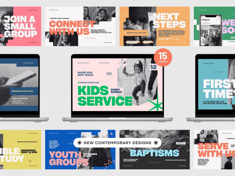 K&ouml;nnte beinhalten: Eine Sammlung digitaler Folien auf Laptops mit verschiedenen Designs. Die Folien enthalten Texte wie "Join a Small Group", "Connect With Us", "Kids Service" und "Baptisms". Die Farbpalette umfasst Rosa, Blau, Gelb und Schwarz.
