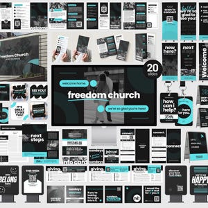 May include: A comprehensive branding kit for Freedom Church featuring black, white, and teal graphic designs. The collection includes digital slides, printed brochures, signage, banners, and information cards, all displaying consistent typography and messaging.