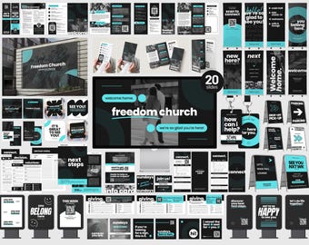 May include: A collection of promotional materials for Freedom Church, featuring a consistent design with black, white, and teal accents. Includes signage, flyers, and presentation slides with the church's name and welcoming messages.