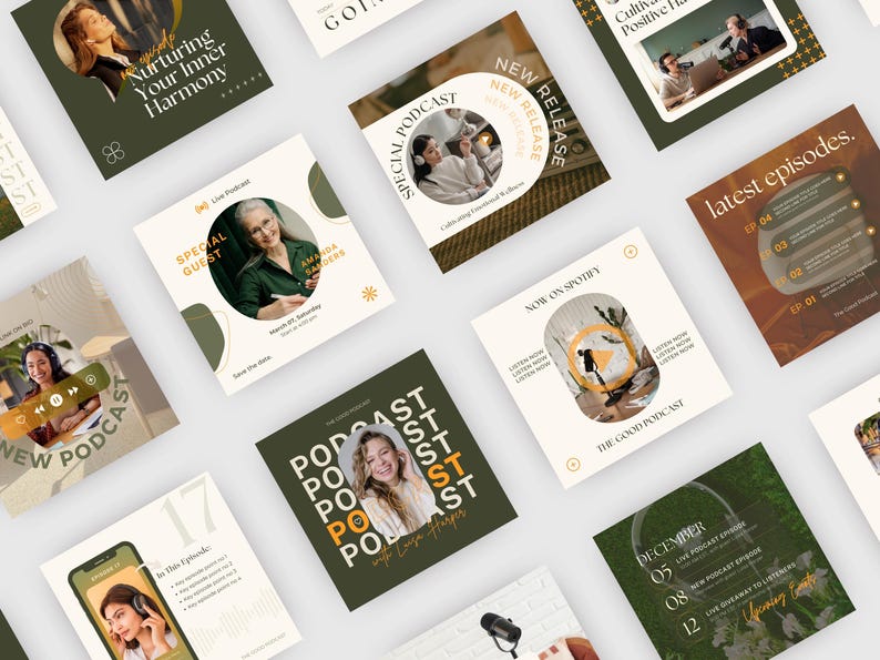 50 Podcast Posts + 35 Matching Stories Templates, Aesthetic Social Media Content Marketing, Wellness Blogging, Instagram Influencer, Green