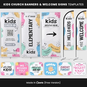 Kids Ministry Banner Templates: Modern Church Welcome Signs (Canva Editable, Digital Download)