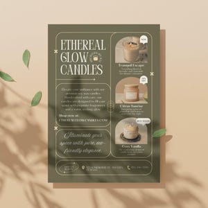 Könnte beinhalten: Ein Flyer für Ethereal Glow Candles, ein Unternehmen, das Sojawachskerzen verkauft. Der Flyer zeigt drei Kerzen in Glasbehältern mit verschiedenen Düften: Tranquil Escape, Citrus Sunrise und Cory Vanilla. Der Flyer enthält auch die Website des Unternehmens und die Social-Media-Handles.