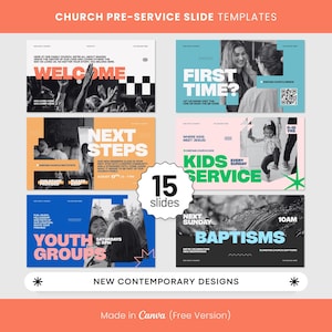 Contemporary Church Presentation Slides Canva Templates,Sunday Service Loop Slides,Youth Group,Baptism,Bible Study,Small Groups,Kids Service