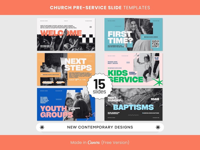 K&ouml;nnte beinhalten: Eine Sammlung von 15 Vorlagen f&uuml;r Kirchen-Vor-Gottesdienst-Folien mit zeitgem&auml;&szlig;em Design. Die Folien zeigen Texte wie "Willkommen", "Zum ersten Mal?", "N&auml;chste Schritte", "Kindergottesdienst", "Jugendgruppen" und "Taufen". Die Farbpalette umfasst Orange, Blau und Schwarz.