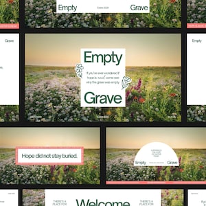 May include: A collection of images featuring a floral field and text. The words "Empty" and "Grave" are displayed, alongside phrases such as "Hope did not stay buried." The colour scheme includes greens, pinks, and a warm sunset.