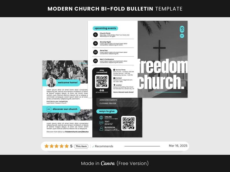 Modern Church Bi-fold Bulletin Template: Editable Canva Design (digital ...