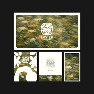 May include: A set of Easter-themed graphics. The main image shows a blurred floral background with the text "EASTER at Overflow". Other graphics include floral designs and a quote from Romans 6:4. The colour scheme includes white, green, and yellow.