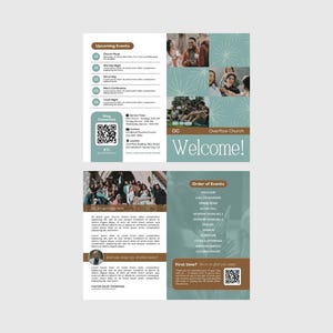 Könnte beinhalten: Eine gefaltete Kirchenbroschüre in Blaugrün und Braun mit dem Text Welcome!, Upcoming Events und Order of Events. Das Layout enthält mehrere Fotos von Personen, einen QR-Code, Kontaktinformationen und Platzhaltertext für die Kirchendetails.