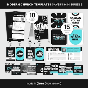 Moderne kerk canvas sjablonenbundel, esthetische kerk A-lijstborden, welkomstborden, identiteitsbadges, Connect-kaart, kerkuitnodigingen, enveloppen geven, B2