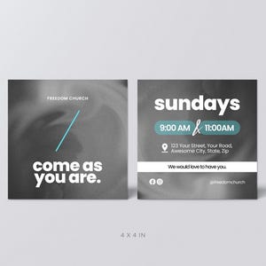May include: Two square informational cards with a dark grey, swirling smoke-like background. The left card displays "FREEDOM CHURCH" and "come as you are." The right card lists "sundays," "9:00 AM & 11:00 AM," an address, and social media icons.