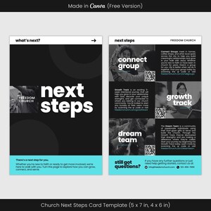 Moderne Kirche nächste Schritte Karte Canva Vorlage, Kirche Dienstkarte, Gruppenkarte verbinden, Wachstumsspur, Dream Team, QR nächsten Schritte Info-Karte