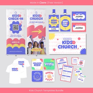 Moderne kinderkerk canva sjablonenbundel, esthetische zondagsschoolpresentatiedia's, uitnodigingskaart kinderdienst, incheckbanner kinderen, VBS