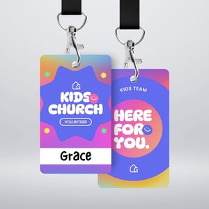 Kids Church ID Badge Templates, Fun Volunteer Name Tags, Here For You, Childen’s Ministry Staff ID (Canva Editable, Digital Download)