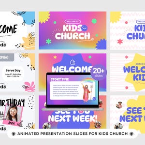 May include: A collection of digital presentation slides for kids church featuring colorful backgrounds, playful typography, and graphic elements. The slides include text such as Welcome, Kids Church, Happy Birthday, and See You Next Week, displayed on a laptop screen.