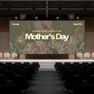 May include: A stage set for Mother's Day, featuring a large screen with floral graphics and the text "Mother's Day." The stage is set with rows of chairs facing the screen, with additional chairs on the stage. The date is May 10th.