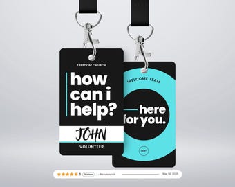 Modern Church Staff ID Badge Templates: How Can I Help, Here For You (Canva Editable, Digital Download)