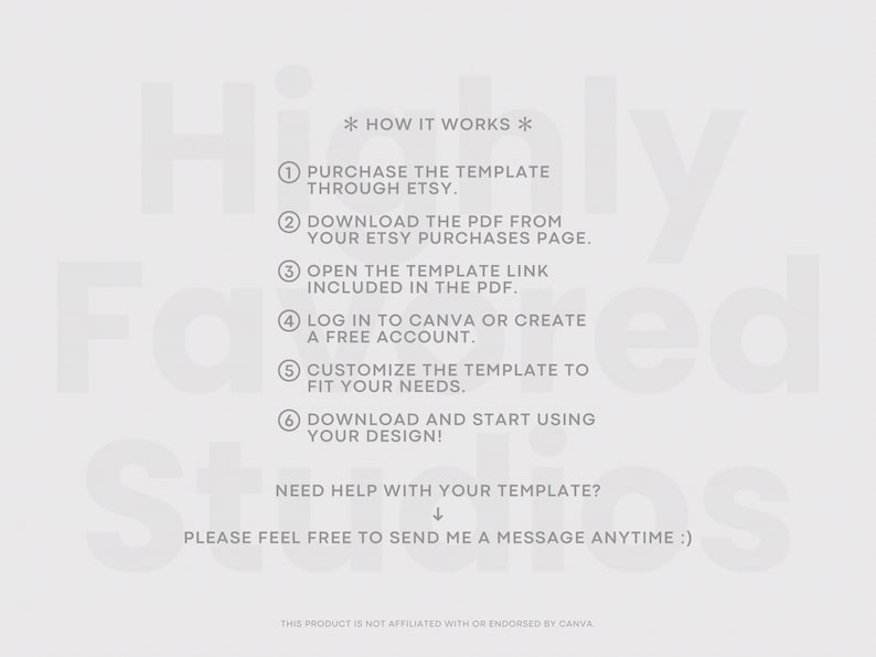 May include: A light gray informational graphic titled HOW IT WORKS with six numbered steps for using a digital template. The text outlines purchasing, downloading a PDF, opening a link, logging into Canva, customizing, and downloading the final design.