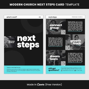 Moderne Kirche nächste Schritte Karte Canva Vorlage, Kirche Dienstkarte, Gruppenkarte verbinden, Wachstumsspur, Dream Team, QR nächsten Schritte Info-Karte