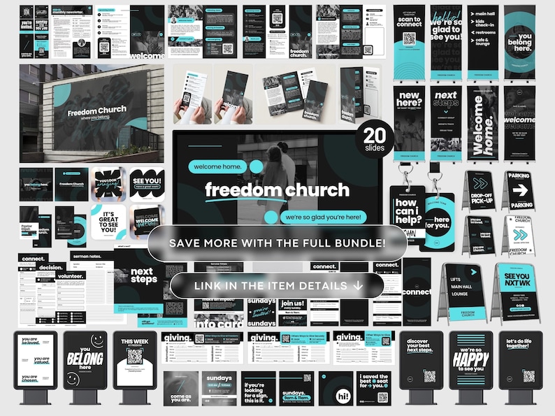May include: A collection of promotional materials for Freedom Church, featuring a black, white, and teal color scheme. The design includes signage, flyers, and digital displays with the church's name and welcoming messages. The phrase "Save more with the full bundle" is also visible.