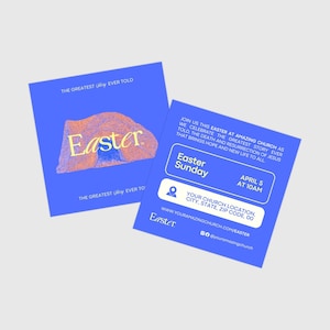 May include: Two blue Easter flyers. One features the word "Easter" in gold with a graphic of a tomb. The other flyer has the text "Easter Sunday, April 5 at 10 AM" and church information.