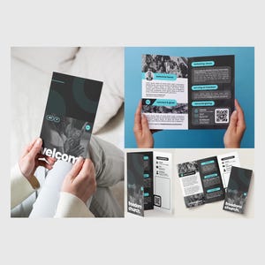 Puede incluir: Folletos en negro, blanco y turquesa. Uno está abierto, mostrando la palabra "welcome". Otros están plegados, con "freedom church" y códigos QR. Los folletos presentan imágenes de personas y texto sobre la iglesia.