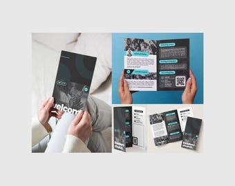 Puede incluir: Folletos en negro, blanco y turquesa. Uno está abierto, mostrando la palabra "welcome". Otros están plegados, con "freedom church" y códigos QR. Los folletos presentan imágenes de personas y texto sobre la iglesia.
