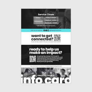 May include: An info card for Freedom Church, featuring service times, social media links, and QR codes to connect and donate. The card is primarily black and white with a teal accent.