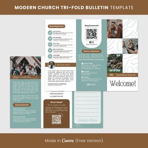 Plantilla de Canva para boletín tríptico de iglesia con estética moderna, boletines de iglesia únicos, nuevo boletín tríptico, anuncios formales de la iglesia para los domingos