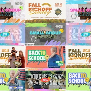 Könnte beinhalten: Eine digitale Collage aus Veranstaltungsflyern mit Texten wie Fall Kickoff Sunday, Small Group Launch, Volunteer Fair und Back to School Prayer. Die Grafiken enthalten farbenfrohe Hintergründe, Smiley-Symbole und Fotos von Menschen.