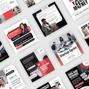 May include: A collection of social media posts with a black and red colour scheme. The posts feature text about investing, financial freedom, and business. The text includes phrases like "Investing 101", "Unlocking Financial Freedom", "Startup Sprint", and "Risk and Reward".