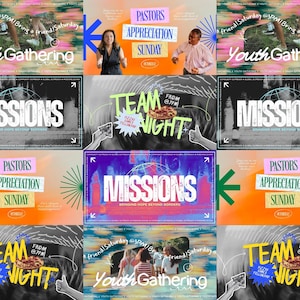 Op de afbeelding: Een collage van promotionele afbeeldingen met tekst als "Youth Gathering", "Missions", "Team Night" en "Pastors Appreciation Sunday". De ontwerpen bevatten diverse kleuren, afbeeldingen en grafische elementen, geschikt voor kerk- of gemeenschapsevenementen.