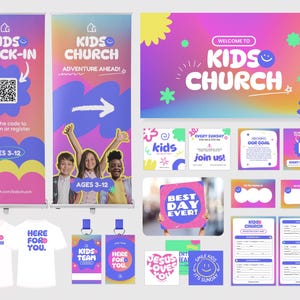 Kids Church Canva Templates Pack: Presentation Slides, Invite Card, ID Badge, Banners, Welcome Signs, Shirt Design (Digital Download)
