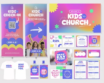 May include: A collection of Kids Church promotional materials. Includes roll-up banners, t-shirts, name tags, and informational cards. The color scheme is vibrant with purple, pink, and yellow. The text includes "Kids Church", "Adventure Ahead!", and "Best Day Ever!"